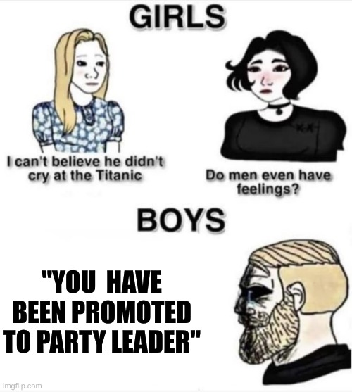 I Am VeRy LonLeY | "YOU  HAVE BEEN PROMOTED TO PARTY LEADER" | image tagged in do men even have feelings | made w/ Imgflip meme maker