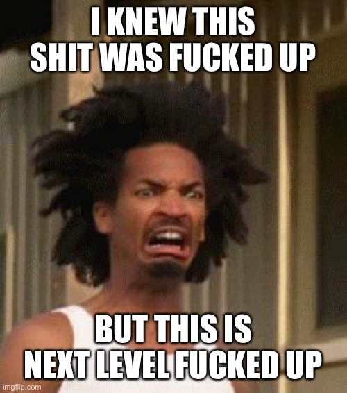 Disgusted Face | I KNEW THIS SHIT WAS FUCKED UP BUT THIS IS NEXT LEVEL FUCKED UP | image tagged in disgusted face | made w/ Imgflip meme maker