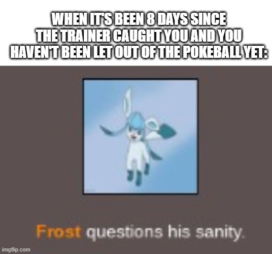 make sure to let your pokemon out | WHEN IT'S BEEN 8 DAYS SINCE THE TRAINER CAUGHT YOU AND YOU HAVEN'T BEEN LET OUT OF THE POKEBALL YET: | image tagged in insane glaceon | made w/ Imgflip meme maker