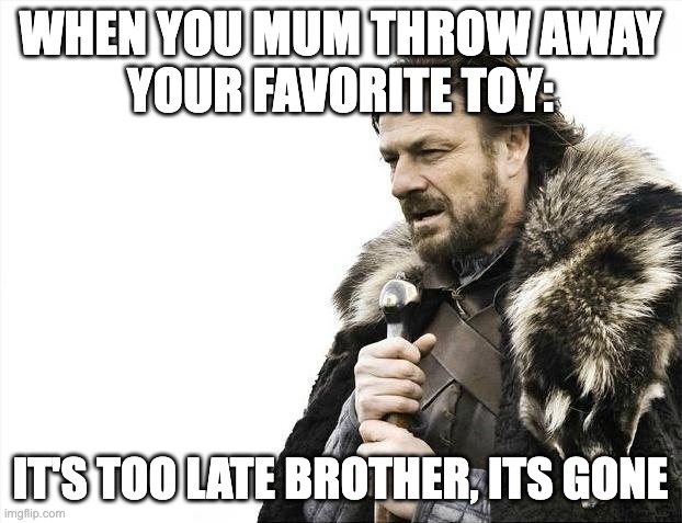 Brace Yourselves X is Coming | WHEN YOU MUM THROW AWAY
YOUR FAVORITE TOY:; IT'S TOO LATE BROTHER, ITS GONE | image tagged in memes,brace yourselves x is coming | made w/ Imgflip meme maker