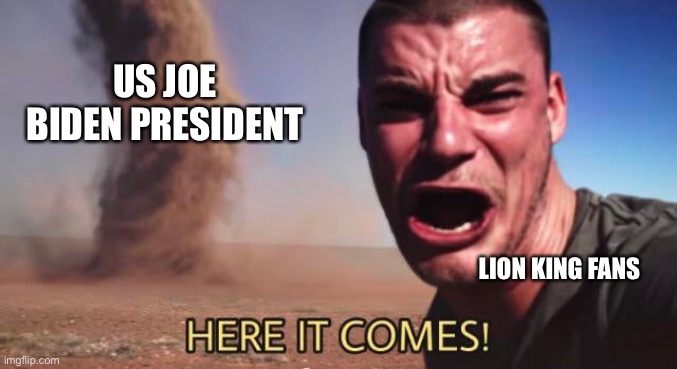 HERE IT COMES! | US JOE BIDEN PRESIDENT; LION KING FANS | image tagged in here it comes | made w/ Imgflip meme maker