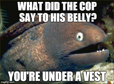 Bad Joke Eel Meme | WHAT DID THE COP SAY TO HIS BELLY? YOU'RE UNDER A VEST | image tagged in memes,bad joke eel | made w/ Imgflip meme maker