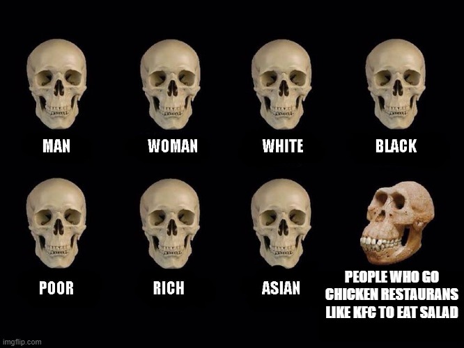 empty skulls of truth | PEOPLE WHO GO CHICKEN RESTAURANS LIKE KFC TO EAT SALAD | image tagged in empty skulls of truth | made w/ Imgflip meme maker