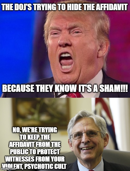 Screaming "politically motivated" won't change the fact Trump stole classified documents. | THE DOJ'S TRYING TO HIDE THE AFFIDAVIT; BECAUSE THEY KNOW IT'S A SHAM!!! NO, WE'RE TRYING TO KEEP THE AFFIDAVIT FROM THE PUBLIC TO PROTECT WITNESSES FROM YOUR VIOLENT, PSYCHOTIC CULT | image tagged in angry trump,merrick garland | made w/ Imgflip meme maker