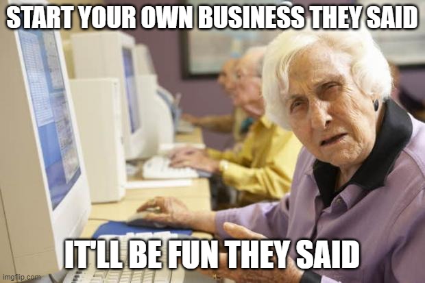 entrepreneur |  START YOUR OWN BUSINESS THEY SAID; IT'LL BE FUN THEY SAID | image tagged in old lady,online working,self employed | made w/ Imgflip meme maker