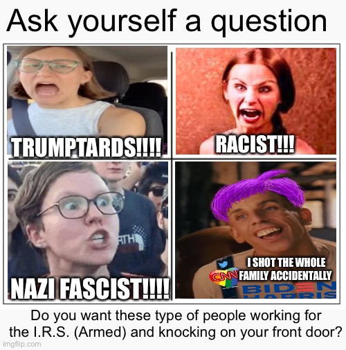 4 Square Grid | Ask yourself a question; RACIST!!! TRUMPTARDS!!!! I SHOT THE WHOLE FAMILY ACCIDENTALLY; NAZI FASCIST!!!! Do you want these type of people working for the I.R.S. (Armed) and knocking on your front door? | image tagged in 4 square grid | made w/ Imgflip meme maker