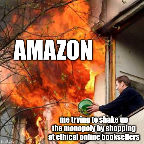 an attempt was made | AMAZON; me trying to shake up the monopoly by shopping at ethical online booksellers | image tagged in fire idiot bucket water,amazon | made w/ Imgflip meme maker