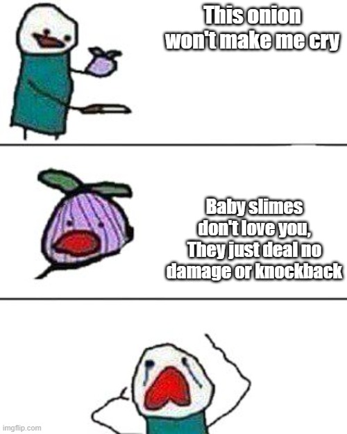 this onion needs to stfu | This onion won't make me cry; Baby slimes don't love you, They just deal no damage or knockback | image tagged in this onion won't make me cry | made w/ Imgflip meme maker