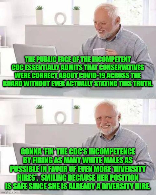 This really and truly is HOW leftists 'fix' problems. | THE PUBLIC FACE OF THE INCOMPETENT CDC ESSENTIALLY ADMITS THAT CONSERVATIVES WERE CORRECT ABOUT COVID-19 ACROSS THE BOARD WITHOUT EVER ACTUALLY STATING THIS TRUTH. GONNA 'FIX' THE CDC'S INCOMPETENCE BY FIRING AS MANY WHITE MALES AS POSSIBLE IN FAVOR OF EVEN MORE 'DIVERSITY HIRES'.  SMILING BECAUSE HER POSITION IS SAFE SINCE SHE IS ALREADY A DIVERSITY HIRE. | image tagged in hide the pain harold | made w/ Imgflip meme maker
