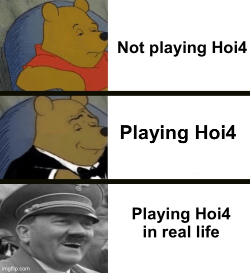 Tuxedo Winnie The Pooh | Not playing Hoi4; Playing Hoi4; Playing Hoi4 in real life | image tagged in memes,tuxedo winnie the pooh | made w/ Imgflip meme maker
