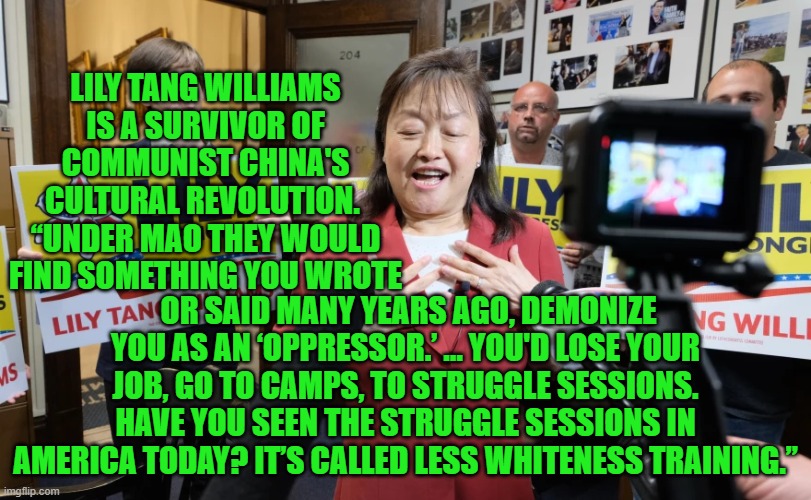 Note that the very leftists denying that this is happening are endorsing it happening. | LILY TANG WILLIAMS IS A SURVIVOR OF COMMUNIST CHINA'S CULTURAL REVOLUTION.  “UNDER MAO THEY WOULD FIND SOMETHING YOU WROTE; OR SAID MANY YEARS AGO, DEMONIZE YOU AS AN ‘OPPRESSOR.’ … YOU'D LOSE YOUR JOB, GO TO CAMPS, TO STRUGGLE SESSIONS. HAVE YOU SEEN THE STRUGGLE SESSIONS IN AMERICA TODAY? IT’S CALLED LESS WHITENESS TRAINING.” | image tagged in reality | made w/ Imgflip meme maker