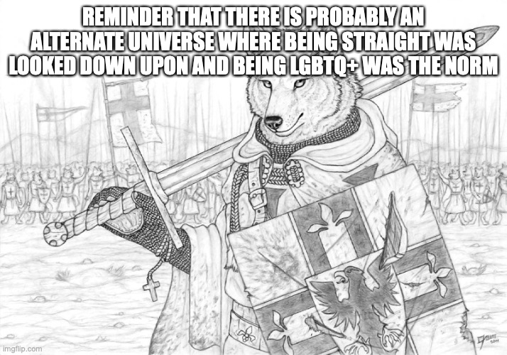 daily reminder | REMINDER THAT THERE IS PROBABLY AN ALTERNATE UNIVERSE WHERE BEING STRAIGHT WAS LOOKED DOWN UPON AND BEING LGBTQ+ WAS THE NORM | image tagged in fursader | made w/ Imgflip meme maker