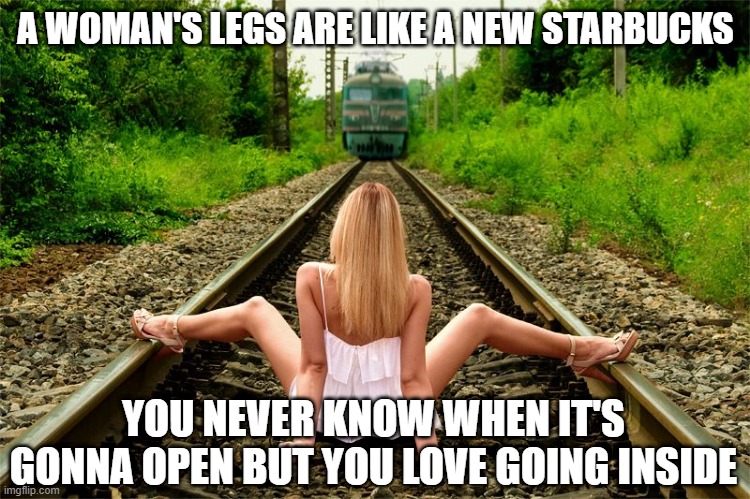 Spread | A WOMAN'S LEGS ARE LIKE A NEW STARBUCKS; YOU NEVER KNOW WHEN IT'S GONNA OPEN BUT YOU LOVE GOING INSIDE | image tagged in girl spreading legs for train | made w/ Imgflip meme maker