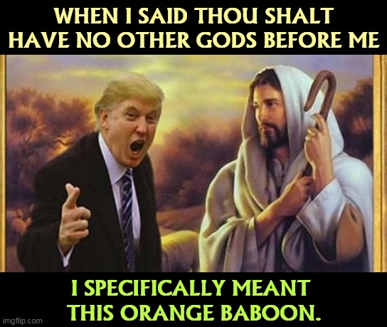 WHEN I SAID THOU SHALT HAVE NO OTHER GODS BEFORE ME; I SPECIFICALLY MEANT 
THIS ORANGE BABOON. | image tagged in trump,jesus,worship,orange,baboon | made w/ Imgflip meme maker