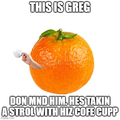 Orange | THIS IS GREG; DON MND HIM. HES TAKIN A STROL WITH HIZ COFE CUPP | image tagged in orange | made w/ Imgflip meme maker