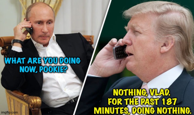 trump putin | WHAT ARE YOU DOING 
NOW, POOKIE? NOTHING, VLAD.  FOR THE PAST 187 MINUTES, DOING NOTHING. | image tagged in trump putin | made w/ Imgflip meme maker