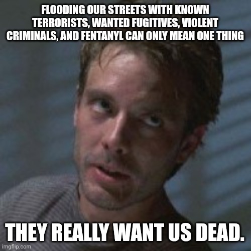 Only means one thing. | FLOODING OUR STREETS WITH KNOWN TERRORISTS, WANTED FUGITIVES, VIOLENT CRIMINALS, AND FENTANYL CAN ONLY MEAN ONE THING; THEY REALLY WANT US DEAD. | image tagged in memes | made w/ Imgflip meme maker