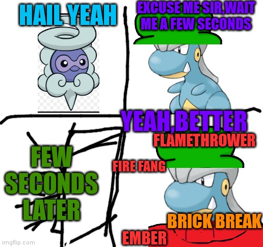 HAIL YEAH but you were a DRAGON | EXCUSE ME SIR,WAIT ME A FEW SECONDS; HAIL YEAH; YEAH,BETTER; FEW SECONDS LATER; FLAMETHROWER; FIRE FANG; BRICK BREAK; EMBER | image tagged in blank white template,pokemon,pokemon memes | made w/ Imgflip meme maker