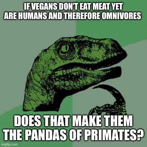 Hmm ? | IF VEGANS DON’T EAT MEAT YET ARE HUMANS AND THEREFORE OMNIVORES; DOES THAT MAKE THEM THE PANDAS OF PRIMATES? | image tagged in memes,philosoraptor | made w/ Imgflip meme maker