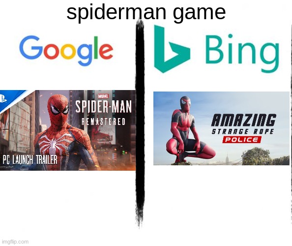 fax | spiderman game | image tagged in google v bing,funny,fun,funny meme | made w/ Imgflip meme maker