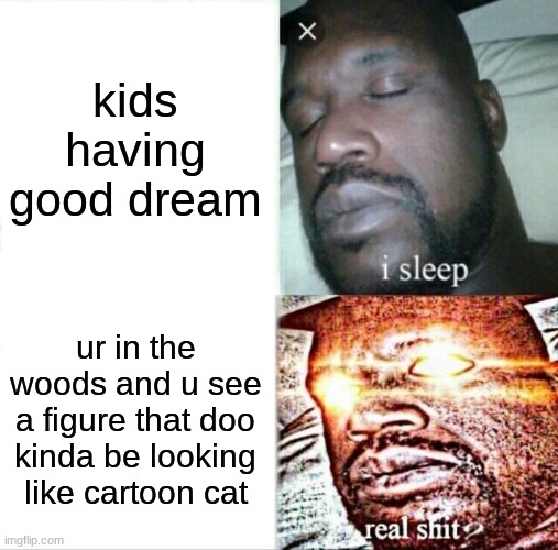 oh no | kids having good dream; ur in the woods and u see a figure that doo kinda be looking like cartoon cat | image tagged in memes,sleeping shaq | made w/ Imgflip meme maker