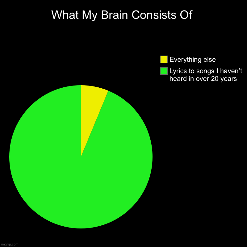 What My Brain Consists Of Chart | What My Brain Consists Of | Lyrics to songs I haven’t heard in over 20 years, Everything else | image tagged in charts,pie charts,brain,song lyrics,brain full | made w/ Imgflip chart maker