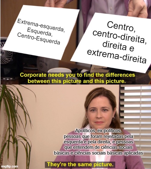 They're The Same Picture Meme | Extrema-esquerda, Esquerda, Centro-Esquerda; Centro, centro-direita, direita e extrema-direita; Apolíticos, ex-políticos, pessoas que foram rejeitadas pela esquerda e pela direita, e pessoas que entendem de ciências sociais básicas e ciências sociais básicas aplicadas | image tagged in memes,they're the same picture | made w/ Imgflip meme maker