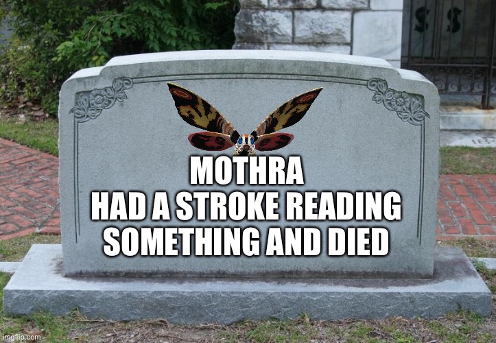 Gravestone | MOTHRA
HAD A STROKE READING SOMETHING AND DIED | image tagged in gravestone | made w/ Imgflip meme maker