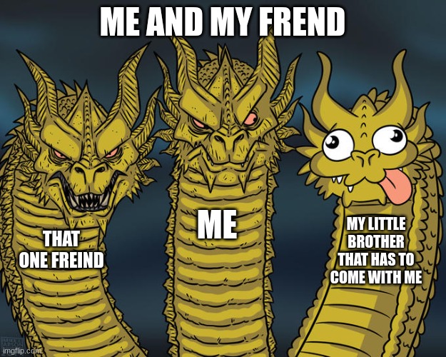 Three-headed Dragon | ME AND MY FREND; ME; MY LITTLE BROTHER THAT HAS TO COME WITH ME; THAT ONE FREIND | image tagged in three-headed dragon | made w/ Imgflip meme maker