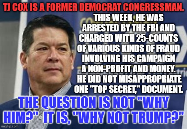 Who do you have to (BLEEP) to get arrested around here? | TJ COX IS A FORMER DEMOCRAT CONGRESSMAN. THIS WEEK, HE WAS ARRESTED BY THE FBI AND CHARGED WITH 25-COUNTS OF VARIOUS KINDS OF FRAUD INVOLVING HIS CAMPAIGN A NON-PROFIT AND MONEY.  HE DID NOT MISAPPROPRIATE ONE "TOP SECRET," DOCUMENT. THE QUESTION IS NOT "WHY HIM?"  IT IS, "WHY NOT TRUMP?" | image tagged in politics | made w/ Imgflip meme maker