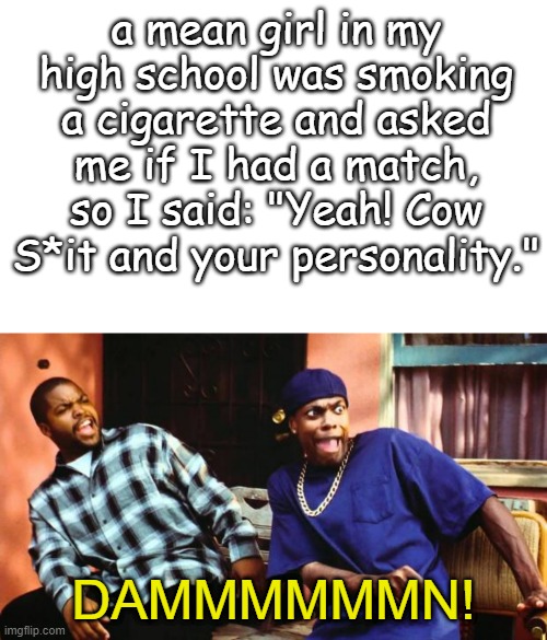  a mean girl in my high school was smoking a cigarette and asked me if I had a match, so I said: "Yeah! Cow S*it and your personality."; DAMMMMMMN! | image tagged in memes,blank transparent square,ice cube damn,roasted,funny,rekt | made w/ Imgflip meme maker