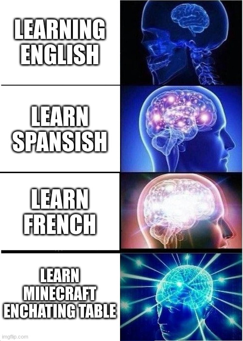 Expanding Brain | LEARNING ENGLISH; LEARN SPANSISH; LEARN FRENCH; LEARN MINECRAFT ENCHATING TABLE | image tagged in memes,expanding brain | made w/ Imgflip meme maker