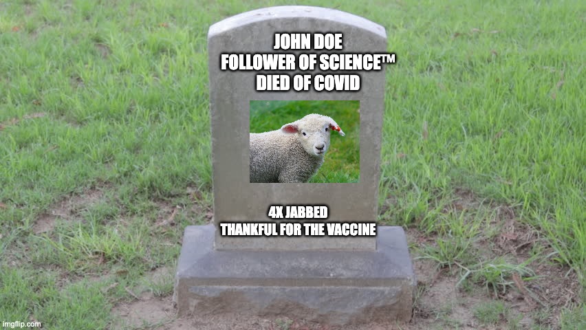 Covid Sheeple | JOHN DOE
FOLLOWER OF SCIENCE™
DIED OF COVID; 4X JABBED
THANKFUL FOR THE VACCINE | image tagged in blank tombstone 001,covid-19,covid vaccine | made w/ Imgflip meme maker