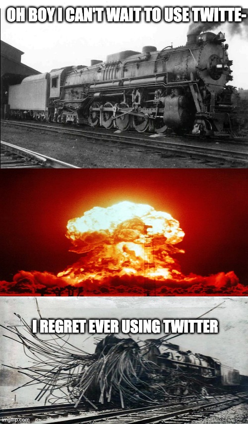 Twitter Be Like | OH BOY I CAN'T WAIT TO USE TWITTE-; I REGRET EVER USING TWITTER | image tagged in plain white | made w/ Imgflip meme maker