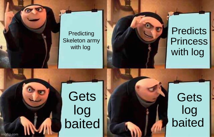 Gru's Plan | Predicting Skeleton army with log; Predicts Princess with log; Gets log baited; Gets log baited | image tagged in memes,gru's plan | made w/ Imgflip meme maker