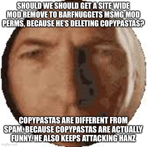 Ball goodman | SHOULD WE SHOULD GET A SITE WIDE MOD REMOVE TO BARFNUGGETS MSMG MOD PERMS, BECAUSE HE’S DELETING COPYPASTAS? COPYPASTAS ARE DIFFERENT FROM SPAM, BECAUSE COPYPASTAS ARE ACTUALLY FUNNY. HE ALSO KEEPS ATTACKING HANZ | image tagged in ball goodman | made w/ Imgflip meme maker