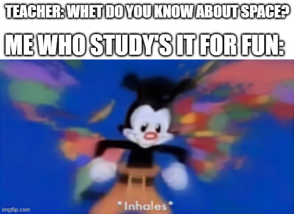 Yakko inhale | TEACHER: WHET DO YOU KNOW ABOUT SPACE? ME WHO STUDY'S IT FOR FUN: | image tagged in yakko inhale | made w/ Imgflip meme maker