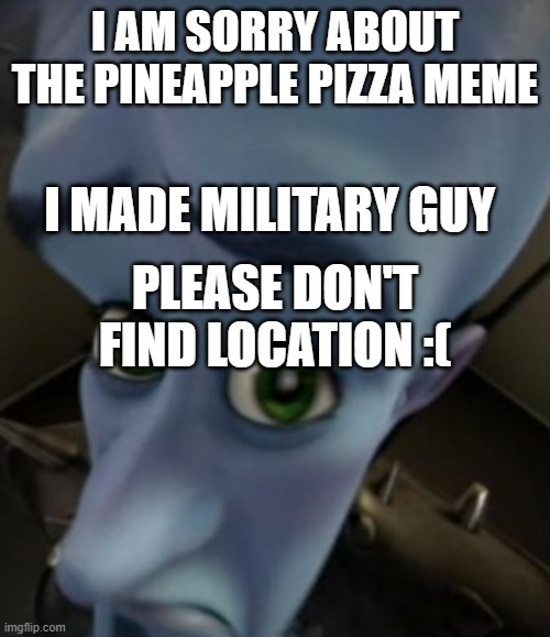 Sad Megamind | I AM SORRY ABOUT THE PINEAPPLE PIZZA MEME; I MADE MILITARY GUY; PLEASE DON'T FIND LOCATION :( | image tagged in sad megamind | made w/ Imgflip meme maker