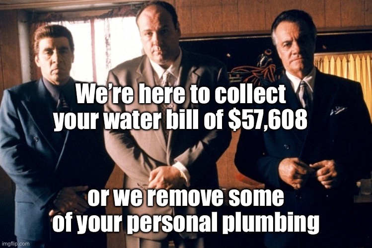 Mafia | We’re here to collect your water bill of $57,608 or we remove some of your personal plumbing | image tagged in mafia | made w/ Imgflip meme maker