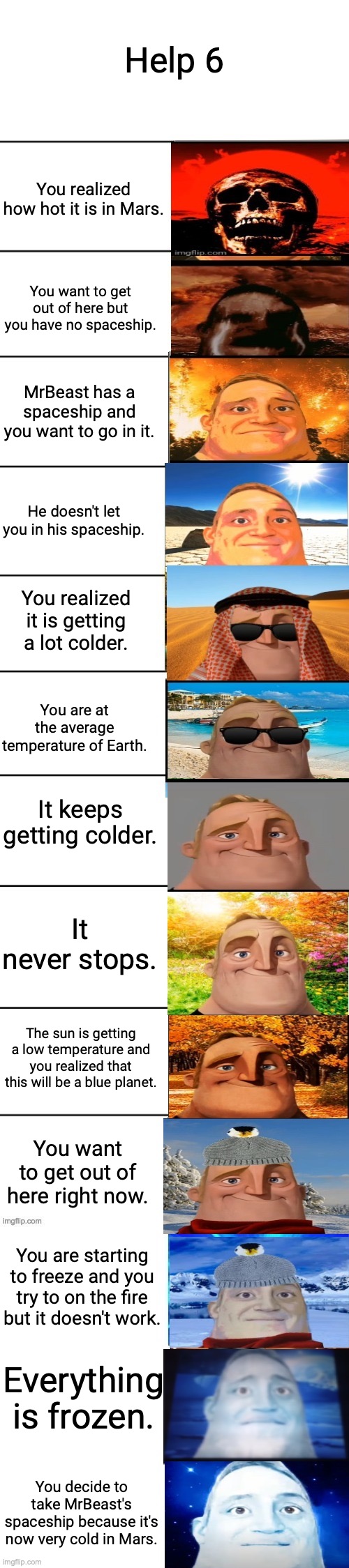 Help 6 | Help 6; You realized how hot it is in Mars. You want to get out of here but you have no spaceship. MrBeast has a spaceship and you want to go in it. He doesn't let you in his spaceship. You realized it is getting a lot colder. You are at the average temperature of Earth. It keeps getting colder. It never stops. The sun is getting a low temperature and you realized that this will be a blue planet. You want to get out of here right now. You are starting to freeze and you try to on the fire but it doesn't work. Everything is frozen. You decide to take MrBeast's spaceship because it's now very cold in Mars. | image tagged in mr incredible hot to cold | made w/ Imgflip meme maker