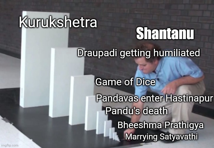 the Kurukshetra war | Kurukshetra; Shantanu; Draupadi getting humiliated; Game of Dice; Pandavas enter Hastinapur; Pandu's death; Bheeshma Prathigya; Marrying Satyavathi | image tagged in domino effect,mahabharat | made w/ Imgflip meme maker