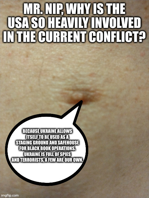 Nipping and trippin | MR. NIP, WHY IS THE USA SO HEAVILY INVOLVED IN THE CURRENT CONFLICT? BECAUSE UKRAINE ALLOWS ITSELF TO BE USED AS A STAGING GROUND AND SAFEHOUSE FOR BLACK BOOK OPERATIONS. UKRAINE IS FULL OF SPIES AND TERRORISTS, A FEW ARE OUR OWN. | image tagged in sezmo's third nipple | made w/ Imgflip meme maker