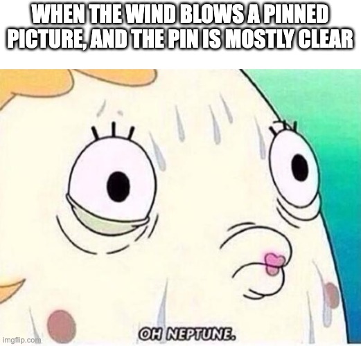 happened to me today ;( | WHEN THE WIND BLOWS A PINNED PICTURE, AND THE PIN IS MOSTLY CLEAR | image tagged in oh neptune | made w/ Imgflip meme maker