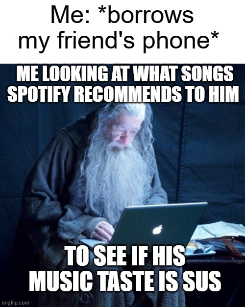 I feel like doing this so I can add more songs. | Me: *borrows my friend's phone*; ME LOOKING AT WHAT SONGS SPOTIFY RECOMMENDS TO HIM; TO SEE IF HIS MUSIC TASTE IS SUS | image tagged in wizard install | made w/ Imgflip meme maker