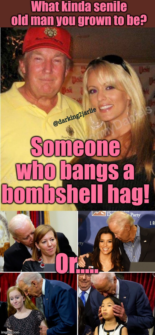 Neither isn't an option! I'm into MiLFs so... | What kinda senile old man you grown to be? @darking2jarlie; Someone who bangs a bombshell hag! Or..... | image tagged in milf,trump,biden,donald trump,joe biden,stormy daniels | made w/ Imgflip meme maker