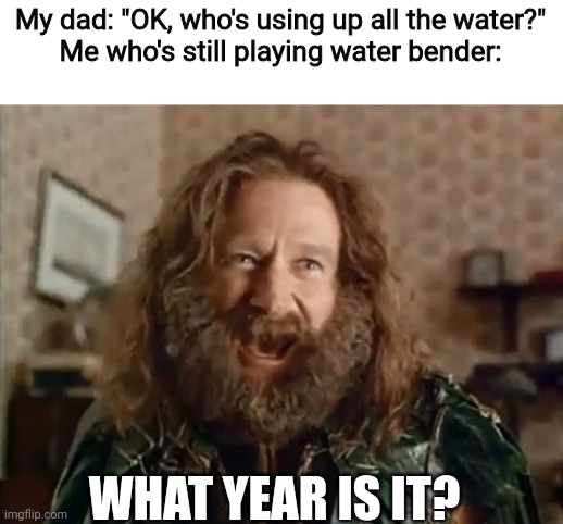 What Year Is It Meme | My dad: "OK, who's using up all the water?"
Me who's still playing water bender:; WHAT YEAR IS IT? | image tagged in memes,what year is it,funny | made w/ Imgflip meme maker