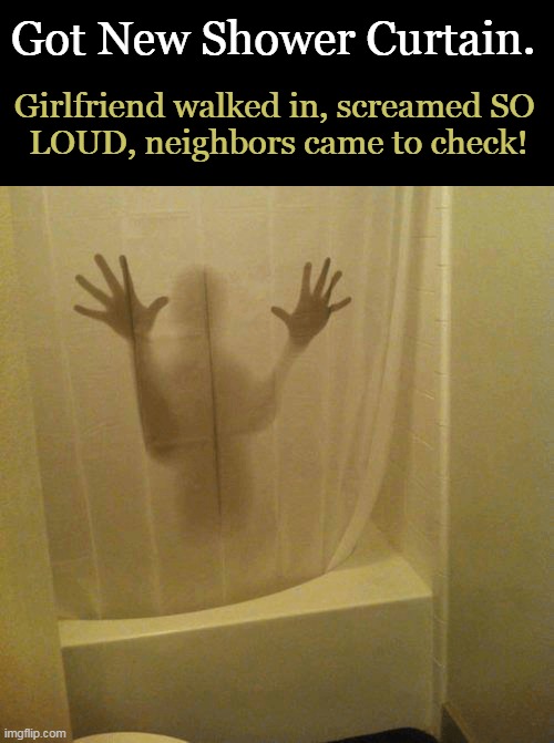 Prank the Girlfriend . . . | Got New Shower Curtain. Girlfriend walked in, screamed SO 
LOUD, neighbors came to check! | image tagged in fun,gonna prank x when he/she gets home,funny meme,girlfriend,lol,pranks | made w/ Imgflip meme maker