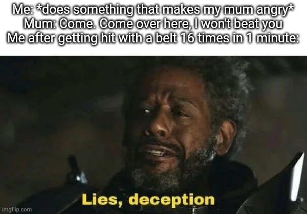 Lies, everywhere | Me: *does something that makes my mum angry*
Mum: Come. Come over here, I won't beat you
Me after getting hit with a belt 16 times in 1 minute: | image tagged in sw lies deception | made w/ Imgflip meme maker