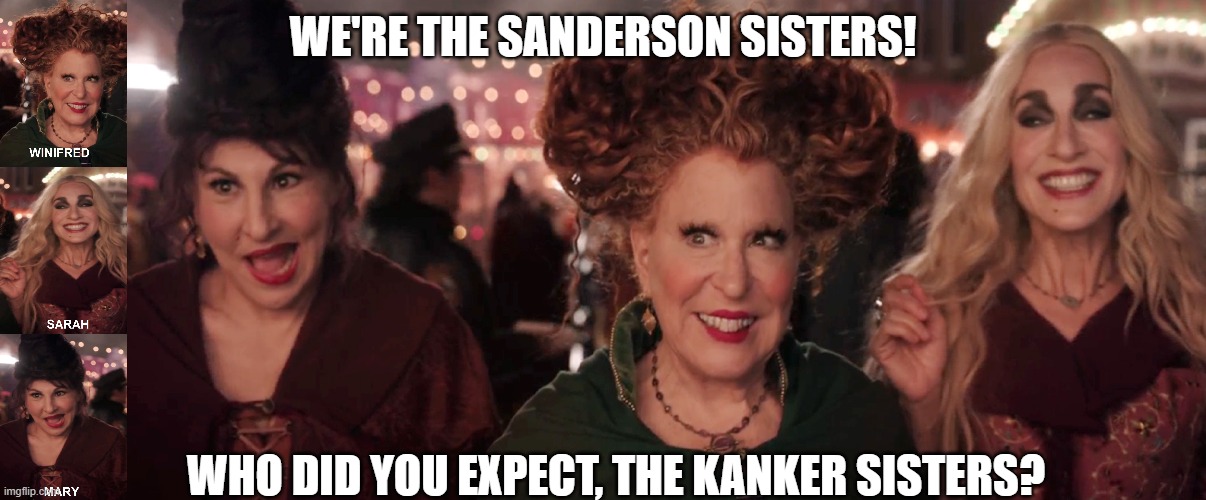 The Sanderson Sisters over The Kanker Sisters from Ed Edd N Eddy. | WE'RE THE SANDERSON SISTERS! WHO DID YOU EXPECT, THE KANKER SISTERS? | image tagged in hocus pocus,ed edd n eddy | made w/ Imgflip meme maker
