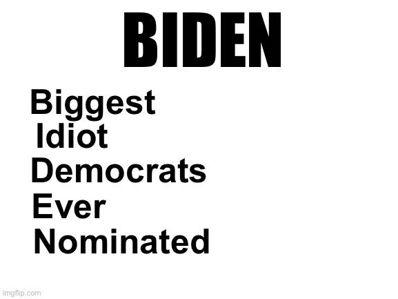 Blank White Template | BIDEN; Biggest; Idiot; Democrats; Ever; Nominated | image tagged in blank white template | made w/ Imgflip meme maker
